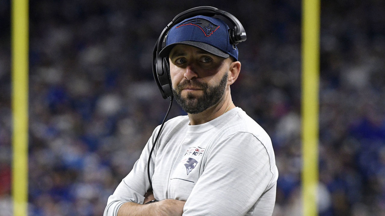 INDIANAPOLIS, IN - DECEMBER 18: New England Patriots receivers coach Mick Lombardi looks on during the NFL football game between the New England Patriots and the Indianapolis Colts on December 18, 2021, at Lucas Oil Stadium in Indianapolis, Indiana.