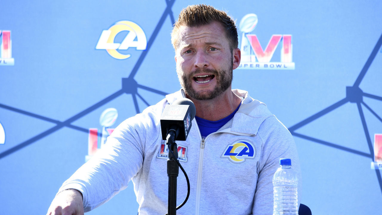THOUSAND OAKS, CALIFORNIA - FEBRUARY 11: Head coach Sean McVay of the Los Angeles Rams speaks to the media during a practice for Super Bowl LVI at at California Lutheran University on February 11, 2022 in Thousand Oaks, California.