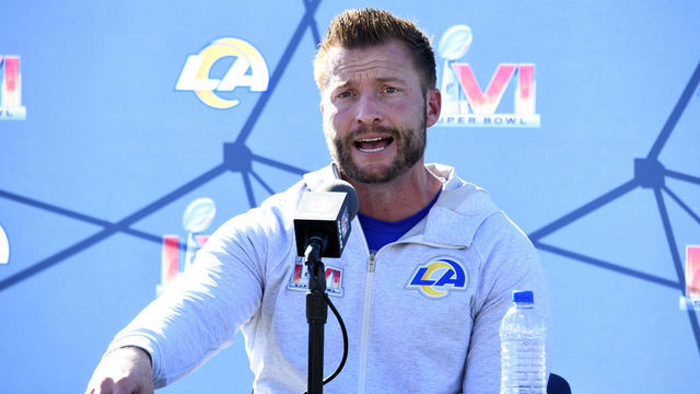 THOUSAND OAKS, CALIFORNIA - FEBRUARY 11: Head coach Sean McVay of the Los Angeles Rams speaks to the media during a practice for Super Bowl LVI at at California Lutheran University on February 11, 2022 in Thousand Oaks, California.