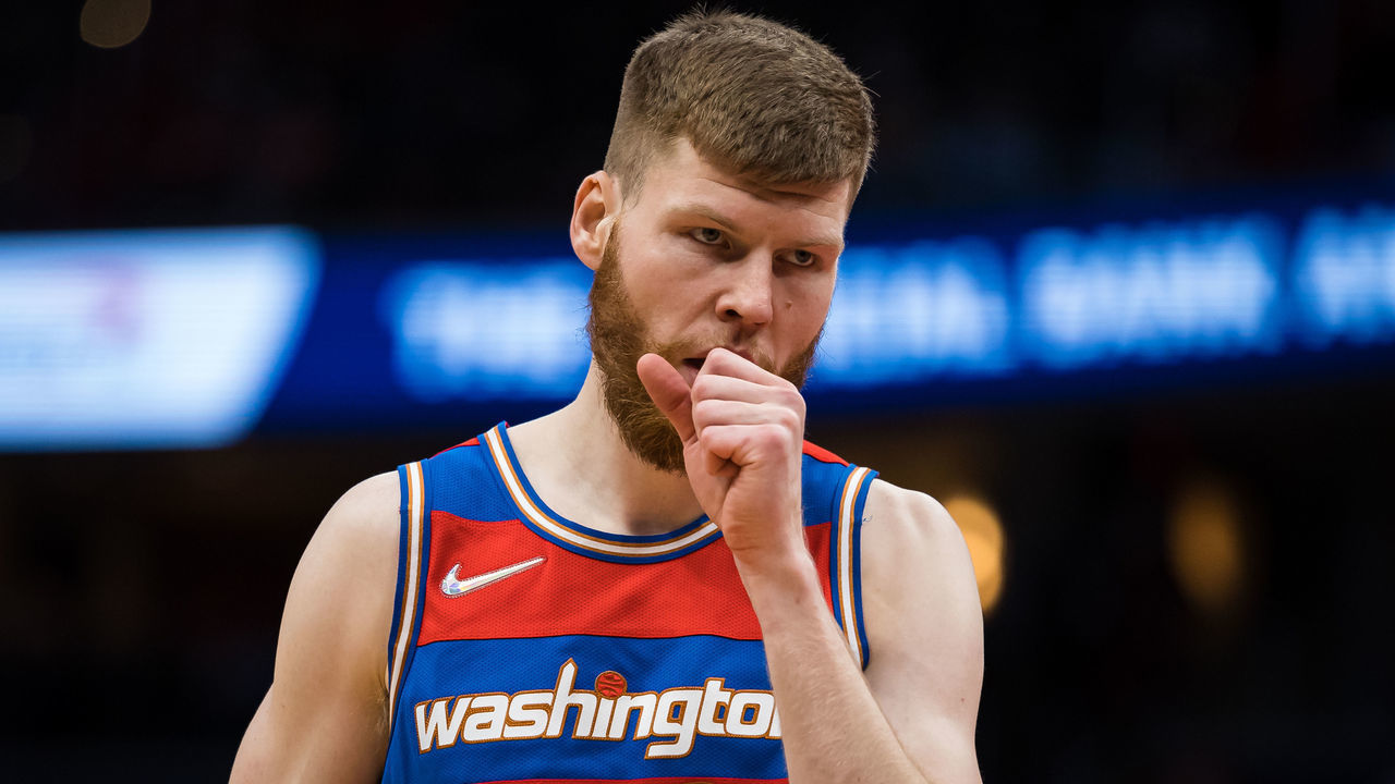 WASHINGTON, DC - JANUARY 21: Davis Bertans #42 of the Washington Wizards looks on against the Toronto Raptors during the second half at Capital One Arena on January 21, 2022 in Washington, DC.
