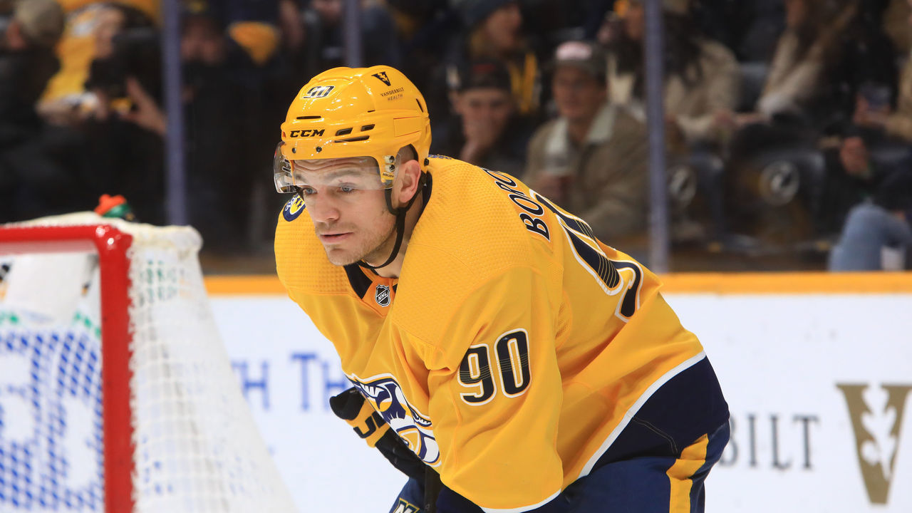 NASHVILLE, TN - JANUARY 20: Nashville Predators defenseman Mark Borowiecki (90) is shown during the NHL game between the Nashville Predators and Winnipeg Jets, held on January 20, 2022, at Bridgestone Arena in Nashville, Tennessee.