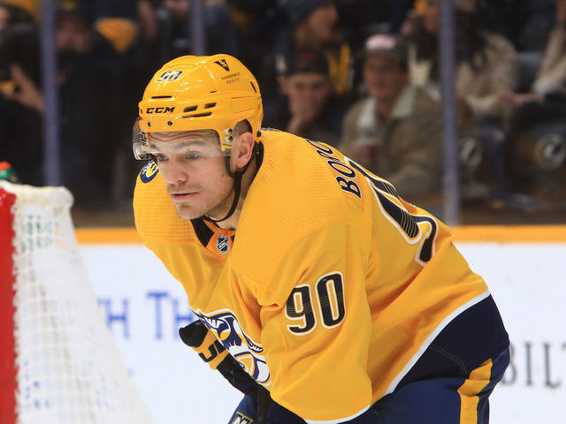 NASHVILLE, TN - JANUARY 20: Nashville Predators defenseman Mark Borowiecki (90) is shown during the NHL game between the Nashville Predators and Winnipeg Jets, held on January 20, 2022, at Bridgestone Arena in Nashville, Tennessee.
