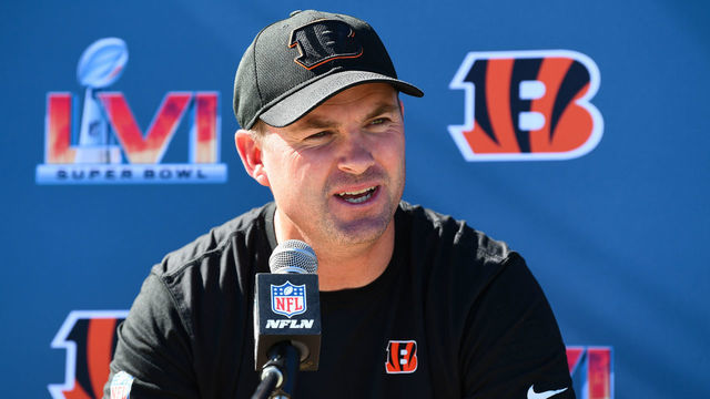 LOS ANGELES, CA - FEBRUARY 11: Cincinnati Bengals Head Coach Zac Taylor talks with the media during Cincinnati Bengals Super Bowl LVI media day on February 11, 2022, at UCLAs Drake Stadium in Los Angeles, CA.