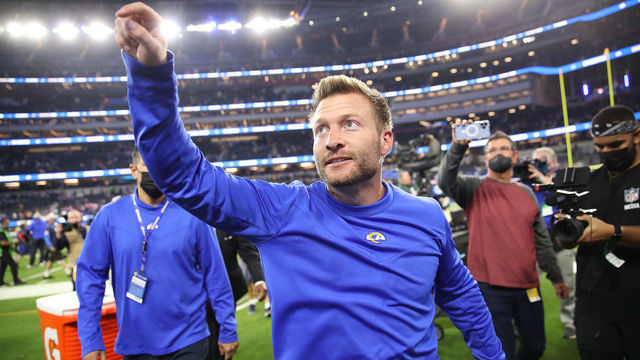 INGLEWOOD, CALIFORNIA - JANUARY 30: ead coach Sean McVay of the Los Angeles Rams reacts after defeating the San Francisco 49ers in the NFC Championship Game at SoFi Stadium on January 30, 2022 in Inglewood, California.