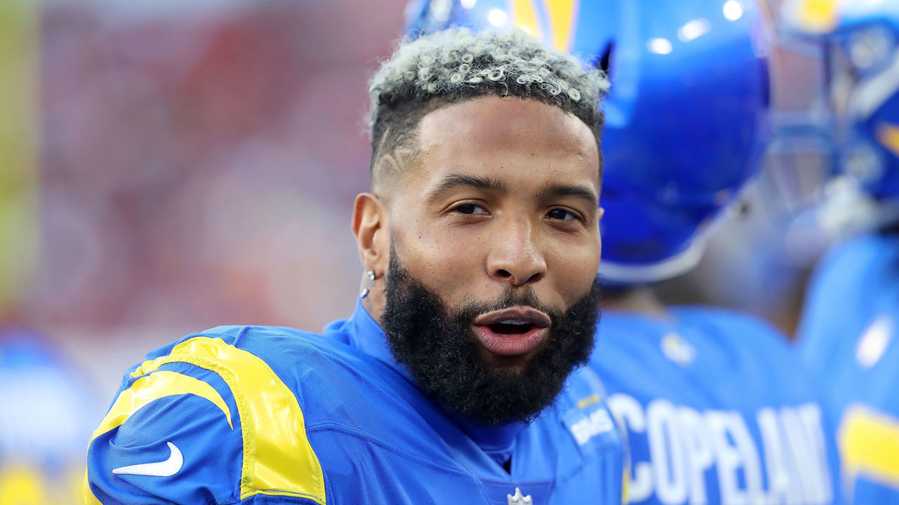 TAMPA, FL - JANUARY 23: Los Angeles Rams Wide Receiver Odell Beckham Jr. (3) stands along the sidelines during the NFC Divisional game between the Los Angeles Rams and the Tampa Bay Buccaneers on January 23, 2022 at Raymond James Stadium in Tampa, Florida.