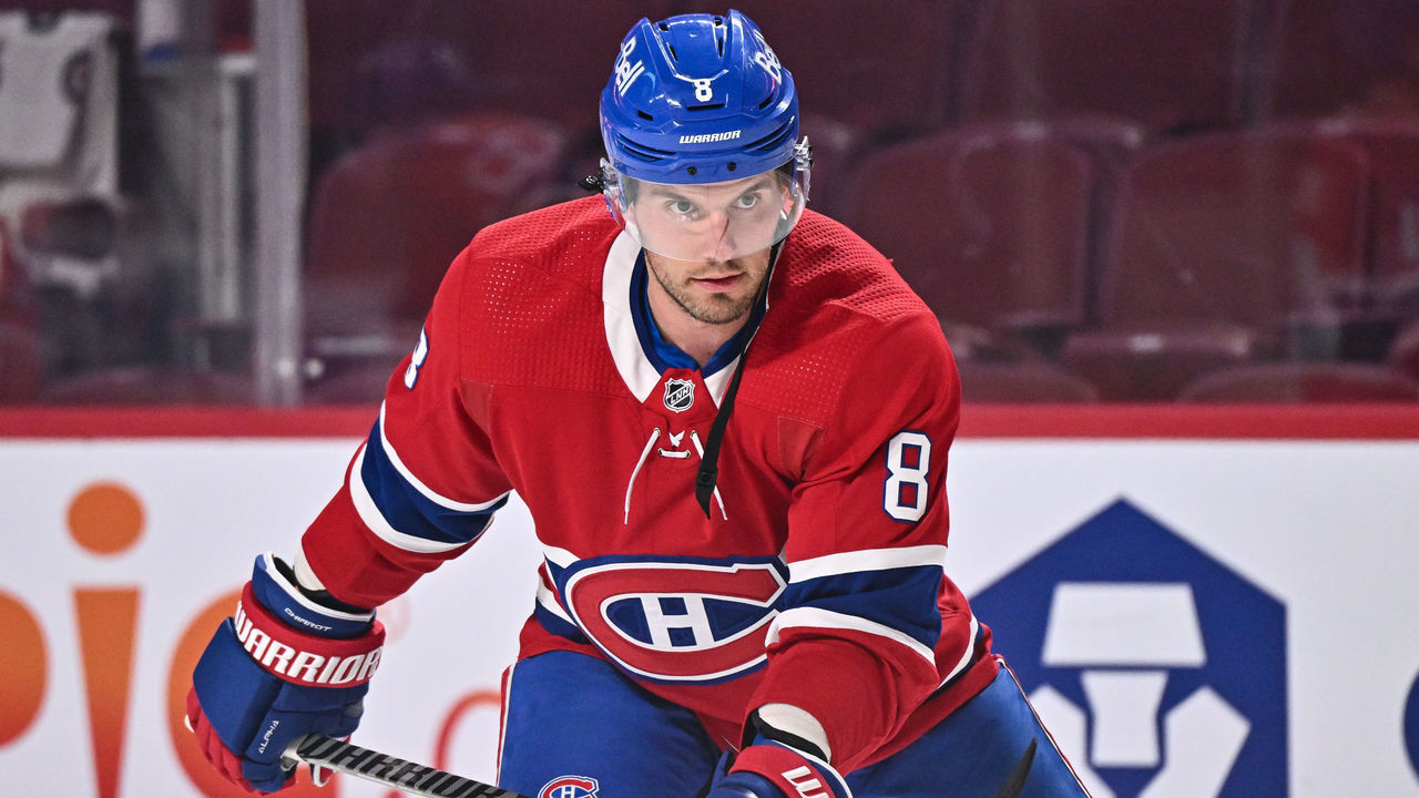 MONTREAL, QC - FEBRUARY 08: Ben Chiarot #8 of the Montreal Canadiens skates during warmups prior to the game against the New Jersey Devils at Centre Bell on February 8, 2022 in Montreal, Canada. The New Jersey Devils defeated the Montreal Canadiens 7-1.