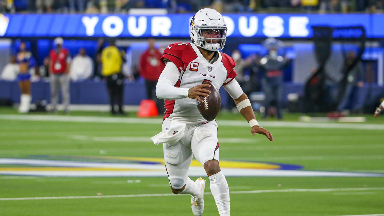 INGLEWOOD, CA - JANUARY 17: Arizona Cardinals quarterback Kyler Murray #1 during the NFC Wild Card playoff game between the Arizona Cardinals and the Los Angeles Rams on January 17, 2022, at SoFi Stadium in Inglewood, CA.