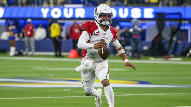 INGLEWOOD, CA - JANUARY 17: Arizona Cardinals quarterback Kyler Murray #1 during the NFC Wild Card playoff game between the Arizona Cardinals and the Los Angeles Rams on January 17, 2022, at SoFi Stadium in Inglewood, CA.