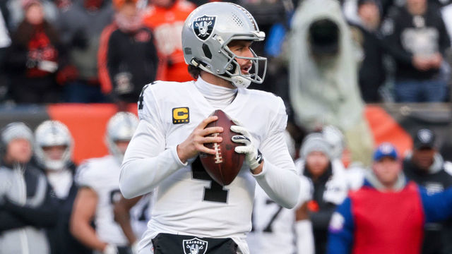 CINCINNATI, OHIO - JANUARY 15: Derek Carr #4 of the Las Vegas Raiders drops back to pass in the first quarter against the Cincinnati Bengals during the AFC Wild Card playoff game at Paul Brown Stadium on January 15, 2022 in Cincinnati, Ohio.