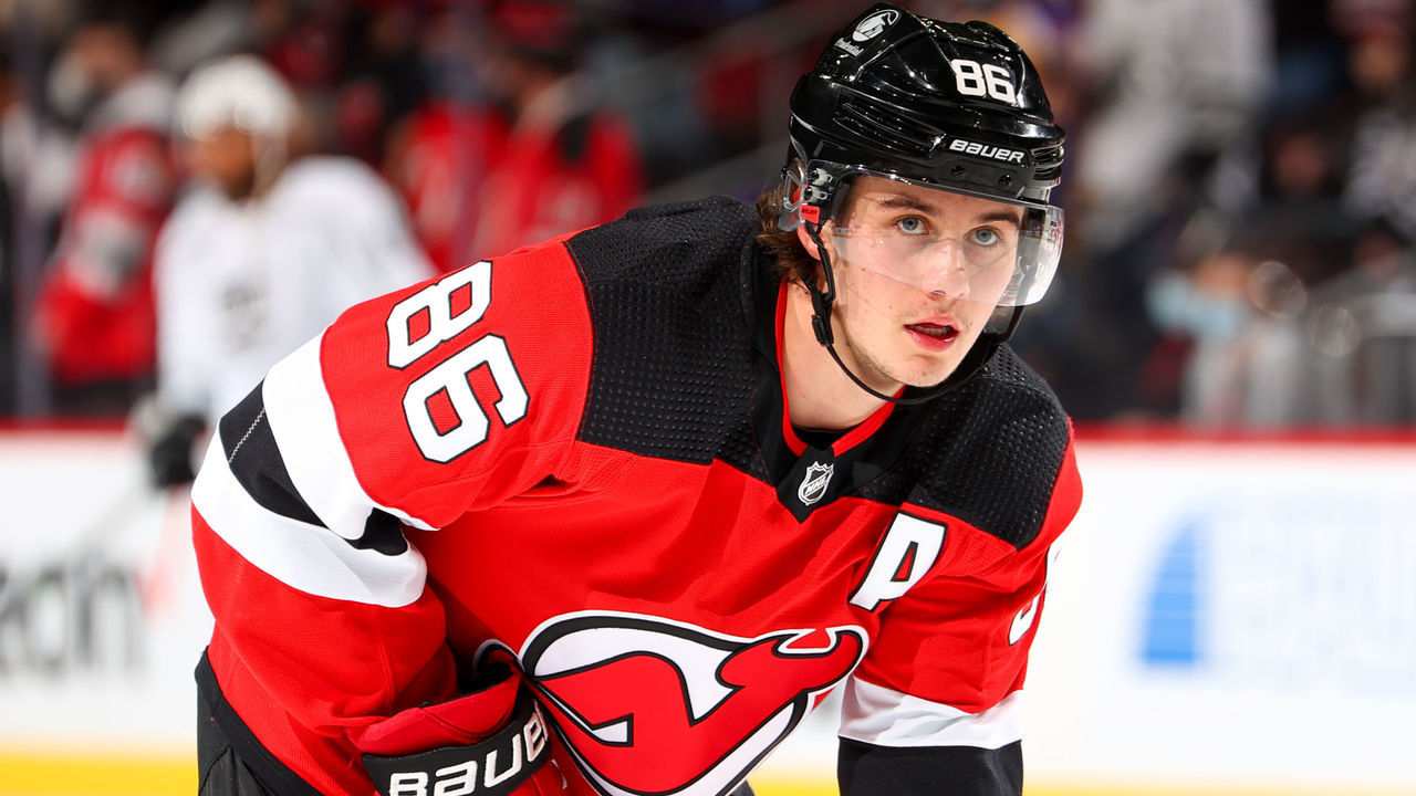 NEWARK, NJ - JANUARY 23: Jack Hughes #86 of the New Jersey Devils warms up prior to the National Hockey League game between the New Jersey Devils and the Los Angeles Kings on January 23, 2022 at the Prudential Center in Newark, New Jersey.