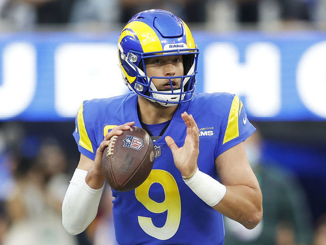 INGLEWOOD, CALIFORNIA - JANUARY 30: Matthew Stafford #9 of the Los Angeles Rams looks to pass the ball during the NFC Championship Game against the San Francisco 49ers at SoFi Stadium on January 30, 2022 in Inglewood, California.