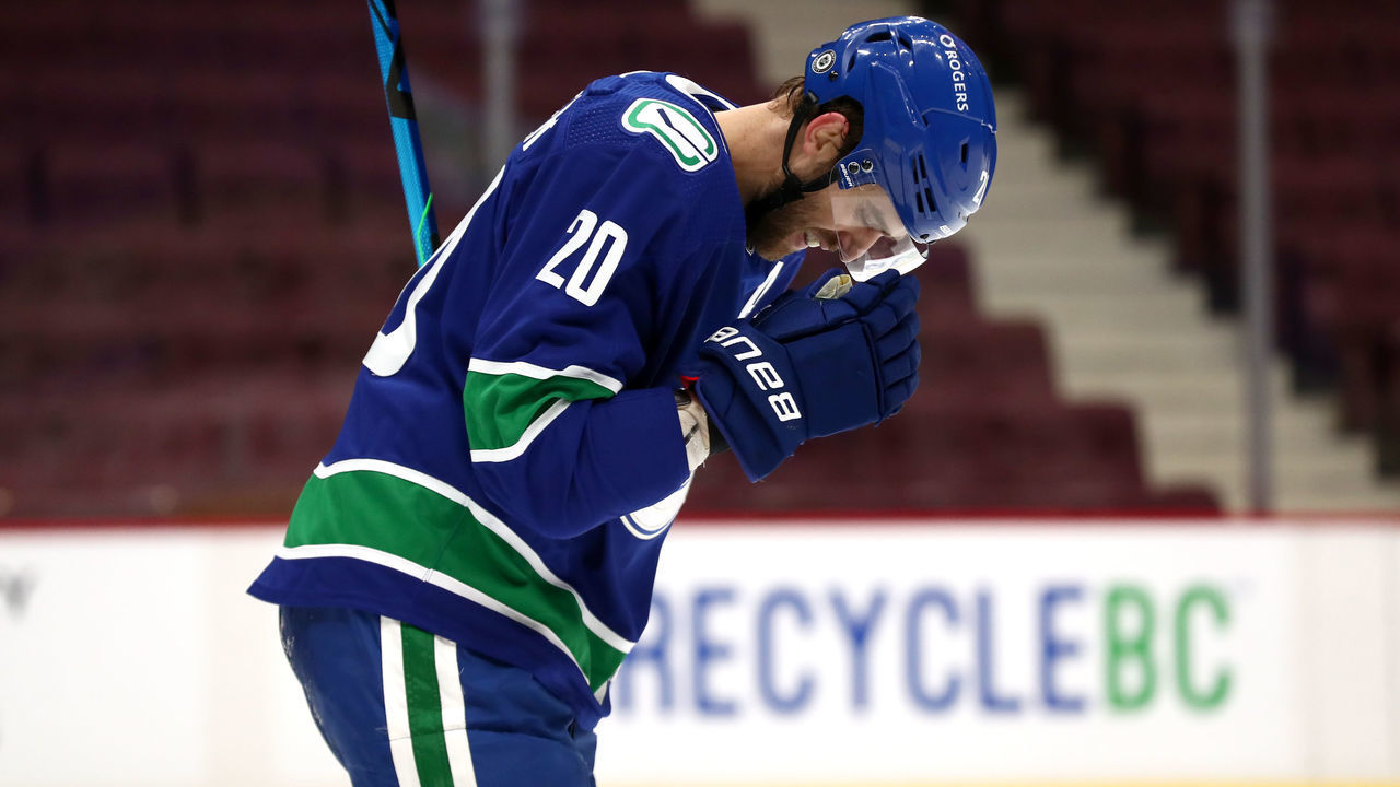 VANCOUVER, BC - MARCH 10: Vancouver Canucks Center Brandon Sutter (20) on ice against the Montreal Canadiens during their NHL game at Rogers Arena on March 10, 2021 in Vancouver, British Columbia, Canada.