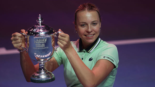 SAINT PETERSBURG, RUSSIA - FEBUARY 13: Anett Kontaveit of Estonia holds a trophy after winning the St. Petersburg Ladies Trophy 2022 tennis tournament final match against Maria Sakkari of Greece at Sibur Arena. on Febuary, 2022 in Saint Petersburg, Russia.
