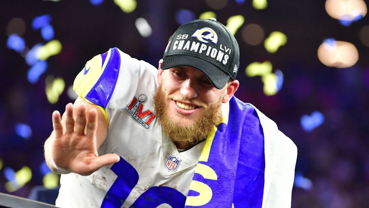 Los Angeles Rams' Cooper Kupp waves to his family after winning Super Bowl LVI between the Los Angeles Rams and the Cincinnati Bengals at SoFi Stadium in Inglewood, California, on February 13, 2022.
