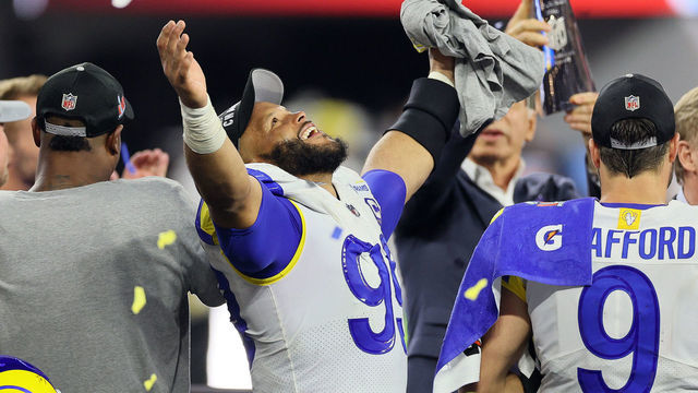 INGLEWOOD, CALIFORNIA - FEBRUARY 13: Aaron Donald #99 of the Los Angeles Rams celebrates following Super Bowl LVI at SoFi Stadium on February 13, 2022 in Inglewood, California. The Los Angeles Rams defeated the Cincinnati Bengals 23-20.