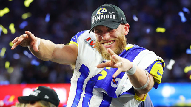 INGLEWOOD, CALIFORNIA - FEBRUARY 13: Cooper Kupp #10 of the Los Angeles Rams celebrates after Super Bowl LVI at SoFi Stadium on February 13, 2022 in Inglewood, California. The Los Angeles Rams defeated the Cincinnati Bengals 23-20.