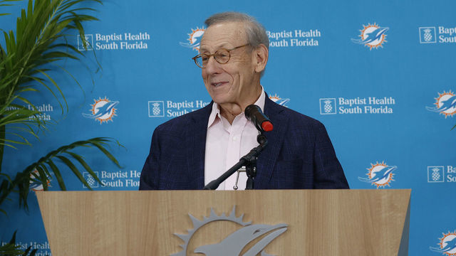 MIAMI GARDENS, FL - FEBRUARY 10: Chairman of the Board/Managing General Partner Stephen M. Ross of the Miami Dolphins talks to the media prior to introducing new Head coach Mike McDaniel on February 10, 2022 at the Miami Dolphins Baptist Health Training Complex in Miami Gardens, Florida.