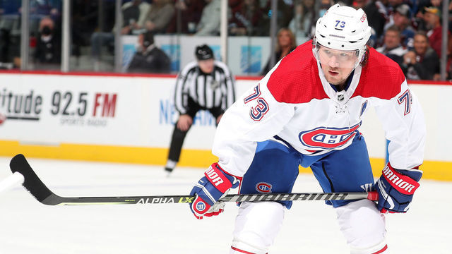 DENVER, COLORADO - JANUARY 22: Tyler Toffoli #73 of the Montreal Canadiens awaits a face off against the Colorado Avalanche at Ball Arena on January 22, 2022 in Denver, Colorado.
