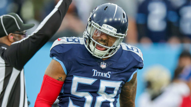 NASHVILLE, TN - NOVEMBER 14: Tennessee Titans linebacker Harold Landry III (58) reacts to getting a sack on New Orleans Saints quarterback Trevor Siemian (15) during the first half of a NFL game between the Tennessee Titans and the New Orleans Saints on November 14, 2021 at the Nissan Stadium in Nashville, TN.