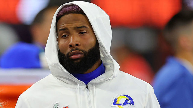 INGLEWOOD, CALIFORNIA - FEBRUARY 13: Odell Beckham Jr. #3 of the Los Angeles Rams looks on from the bench area in the fourth quarter against the Cincinnati Bengals during Super Bowl LVI at SoFi Stadium on February 13, 2022 in Inglewood, California.