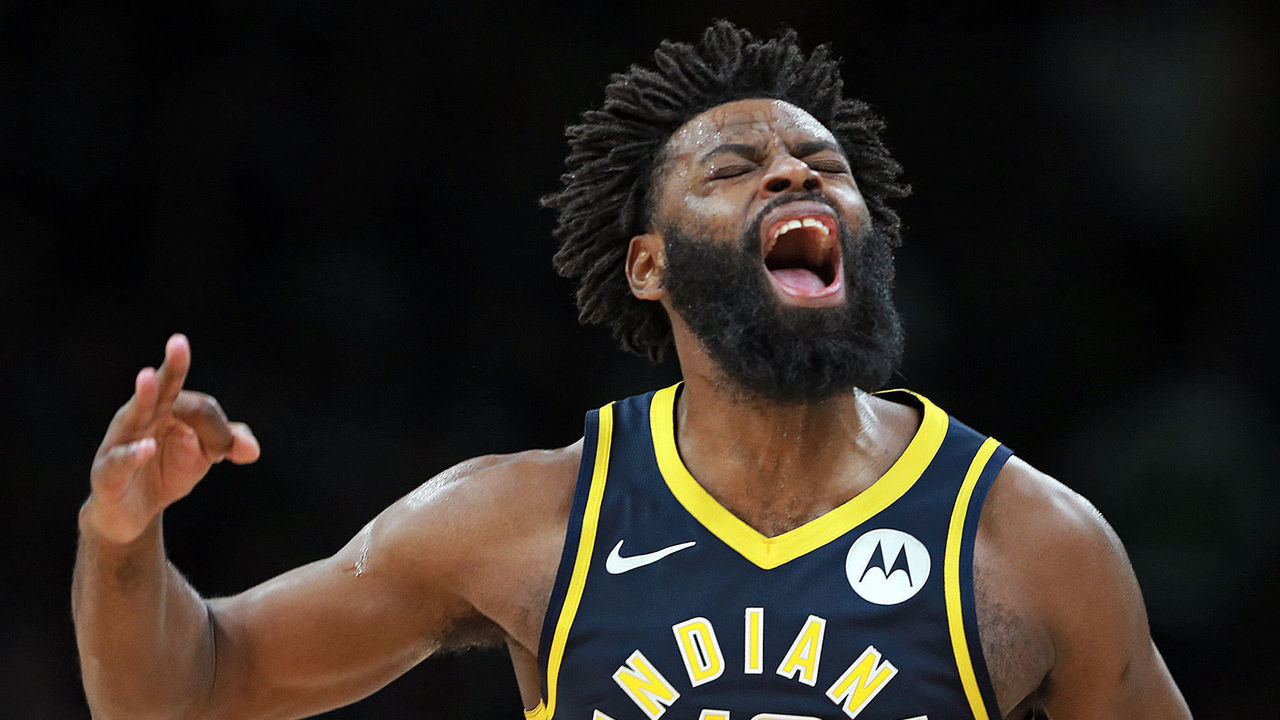 BOSTON, MA. - APRIL 17: Tyreke Evans #12 of the Indiana Pacers screams out after hitting a 3-pointer during the second half of Game 2 of a first-round NBA basketball playoff series against the Boston Celtics at the TD Garden on April 17, 2019 in Boston, Massachusetts .