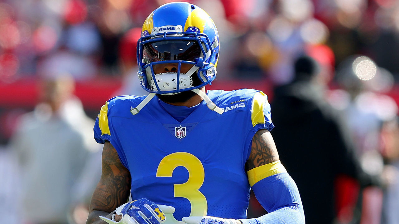 TAMPA, FLORIDA - JANUARY 23: Odell Beckham Jr. #3 of the Los Angeles Rams warms up prior to facing the Tampa Bay Buccaneers in the NFC Divisional Playoff game at Raymond James Stadium on January 23, 2022 in Tampa, Florida.