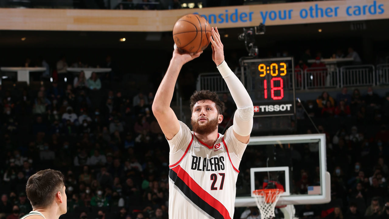 MILWAUKEE, WI - FEBRUARY 14: Jusuf Nurkic #27 of the Portland Trail Blazers shoots a three point basket during the game /against the Milwaukee Bucks on February 14, 2022 at the Fiserv Forum Center in Milwaukee, Wisconsin. Mandatory Copyright Notice: Copyright 2022 NBAE .