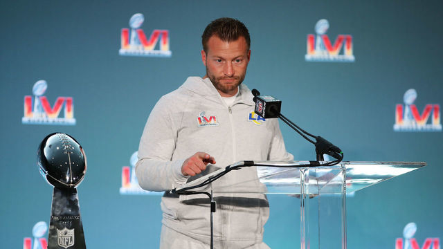 LOS ANGELES, CALIFORNIA - FEBRUARY 14: Head coach Sean McVay of the Los Angeles Rams speaks to the media during the Super Bowl LVI head coach and MVP press conference at Los Angeles Convention Center on February 14, 2022 in Los Angeles, California.