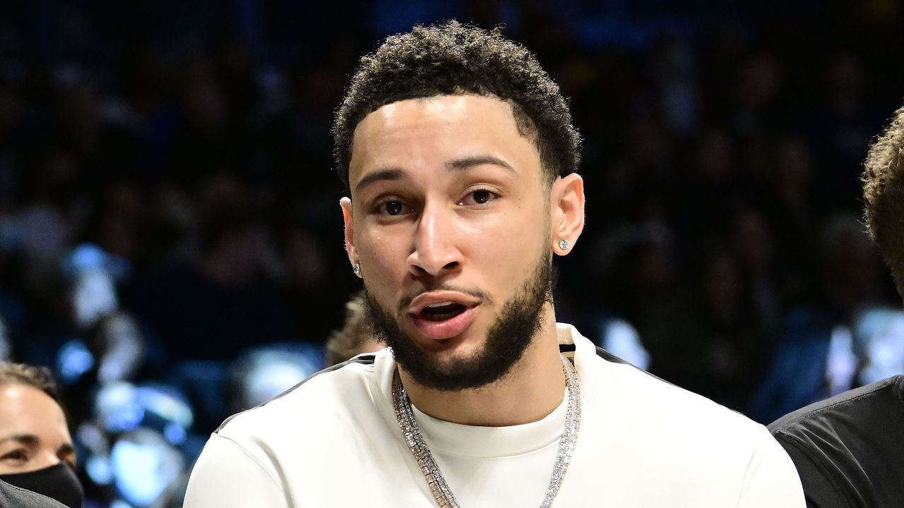 NEW YORK, NEW YORK - FEBRUARY 14: Ben Simmons of the Brooklyn Nets looks on from the bench during the first half against the Sacramento Kings at Barclays Center on February 14, 2022 in New York City.