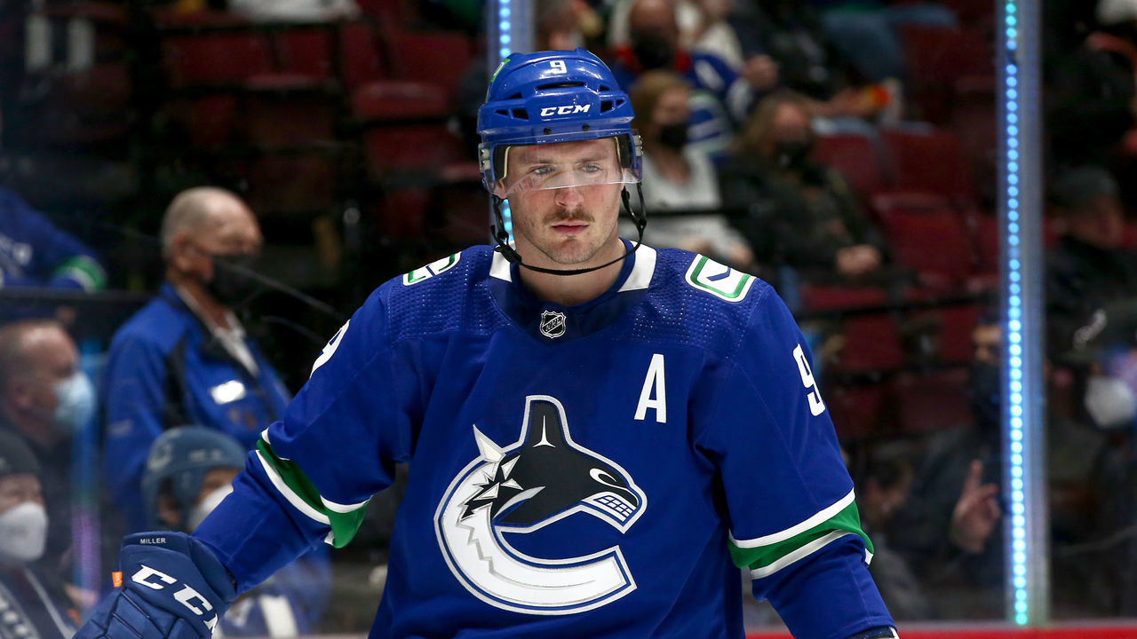 VANCOUVER, BC - FEBRUARY 08: Vancouver Canucks Center J.T. Miller (9) on ice against the Arizona Coyotes during their NHL game at Rogers Arena on February 8, 2022 in Vancouver, British Columbia, Canada.