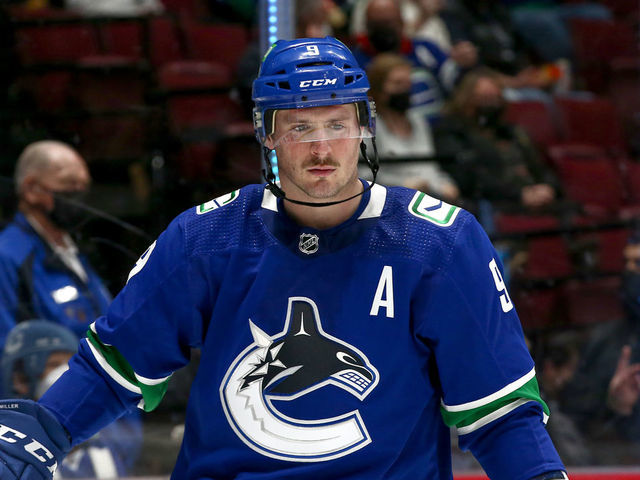 VANCOUVER, BC - FEBRUARY 08: Vancouver Canucks Center J.T. Miller (9) on ice against the Arizona Coyotes during their NHL game at Rogers Arena on February 8, 2022 in Vancouver, British Columbia, Canada.