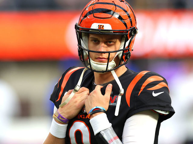 INGLEWOOD, CALIFORNIA - FEBRUARY 13: Joe Burrow #9 of the Cincinnati Bengals looks on prior to Super Bowl LVI against the Los Angeles Rams at SoFi Stadium on February 13, 2022 in Inglewood, California.
