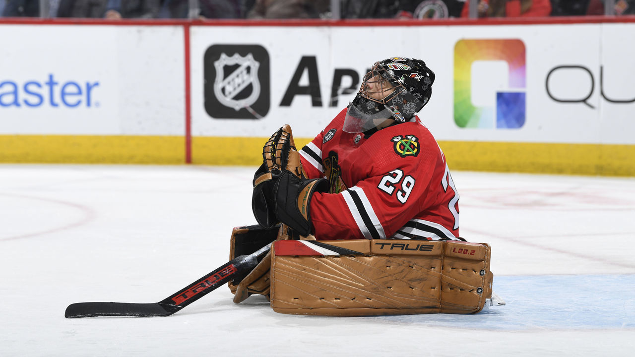 CHICAGO, ILLINOIS - FEBRUARY 02: Goalie Marc-Andre Fleury #29 of the Chicago Blackhawks waits for play to begin in the second period against the Minnesota Wild at United Center on February 02, 2022 in Chicago, Illinois.