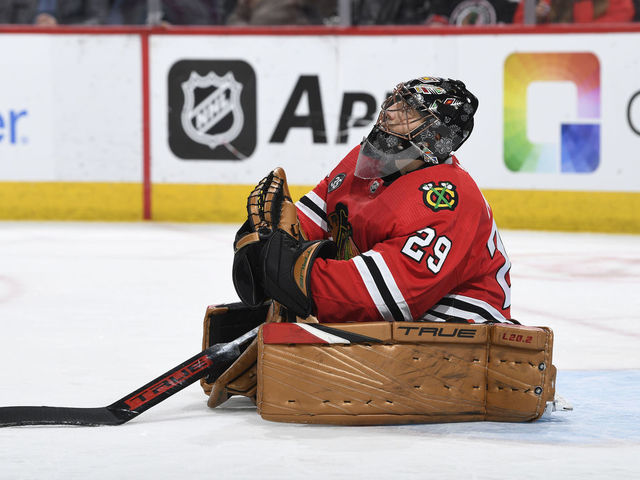 CHICAGO, ILLINOIS - FEBRUARY 02: Goalie Marc-Andre Fleury #29 of the Chicago Blackhawks waits for play to begin in the second period against the Minnesota Wild at United Center on February 02, 2022 in Chicago, Illinois.