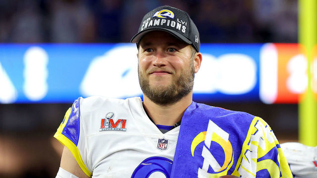 INGLEWOOD, CALIFORNIA - FEBRUARY 13: Matthew Stafford #9 of the Los Angeles Rams celebrates after Super Bowl LVI at SoFi Stadium on February 13, 2022 in Inglewood, California. The Los Angeles Rams defeated the Cincinnati Bengals 23-20.