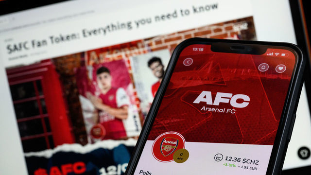 LONDON, ENGLAND - JANUARY 28: The Socios.com app and website display details on Premiership football club Arsenal's "$AFC Fan Token", a form of cryptoasset, on January 28, 2022 in London, England. The digital token provides the owner with certain voting rights on official club decisions and gives them the opportunity to earn real-life and digital club-related benefits and experiences. Warnings have been issued relating to the potential fluctuations of the value of the $AFC token, purchased using Chiliz crypto currency, as fans begin to trade the cryptoasset.