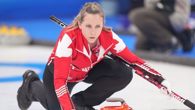 Rachel Homan of Canada competes during the curling mixed doubles round robin session of the Beijing 2022 Winter Olympics between Canada and the Czech Republic at the National Aquatics Centre in Beijing, capital of China, Feb. 6, 2022.