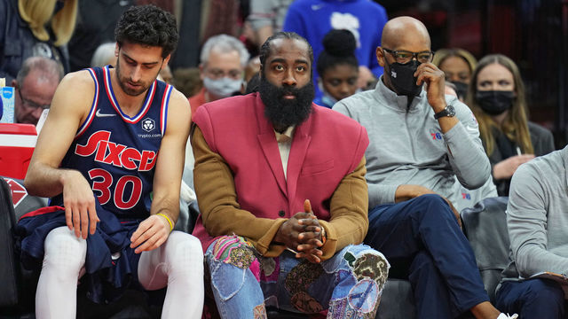 PHILADELPHIA, PA - FEBRUARY 15: Furkan Korkmaz #30 of the Philadelphia 76ers and James Harden #1 of the Philadelphia 76ers look on during a game against the Boston Celtics on February 15, 2022 at Wells Fargo Center in Philadelphia, Pennsylvania. NOTE TO USER: User expressly acknowledges and agrees that, by downloading and/or using this Photograph, user is consenting to the terms and conditions of the Getty Images License Agreement. Mandatory Copyright Notice: Copyright 2022 NBAE