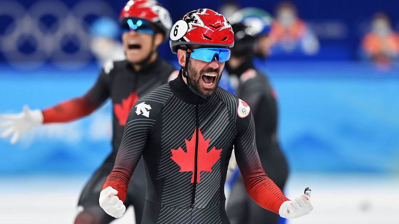BEIJING, CHINA - FEBRUARY 16: Charles Hamelin of Team Canada celebrates winning the Gold medal during the Men's 5000m Relay Final A on day twelve of the Beijing 2022 Winter Olympic Games at Capital Indoor Stadium on February 16, 2022 in Beijing, China.