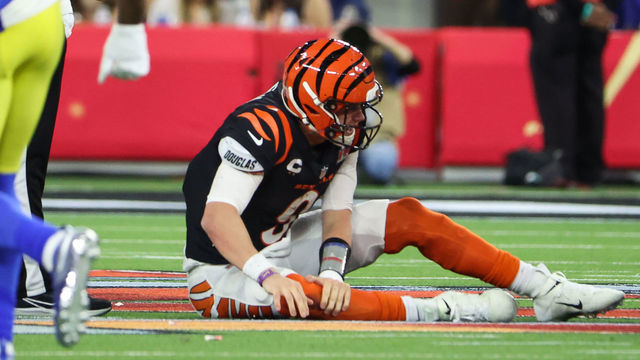 Inglewood, CA - February 13: Cincinnati Bengals quarterback Joe Burrow (9) sits on the filed after being sacked during the second half of Super Bowl LVI at SoFi Stadium on Sunday, Feb. 13, 2022 in Inglewood, CA.(Robert Gauthier / Los Angeles Times via Getty Images)