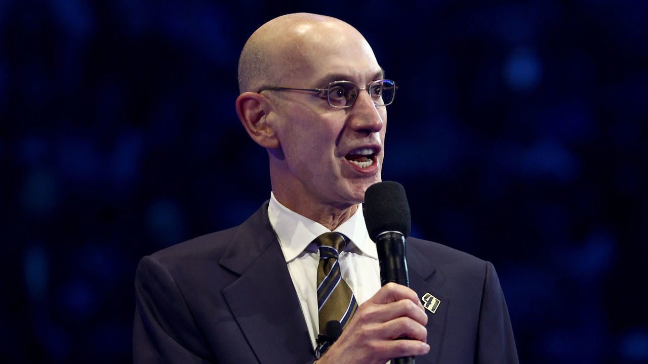 DALLAS, TEXAS - JANUARY 05: NBA Commissioner Adam Silver participates in a ceremony honoring former plater Dirk Nowitzki and retiring his No. 41 jersey at American Airlines Center on January 05, 2022 in Dallas, Texas.