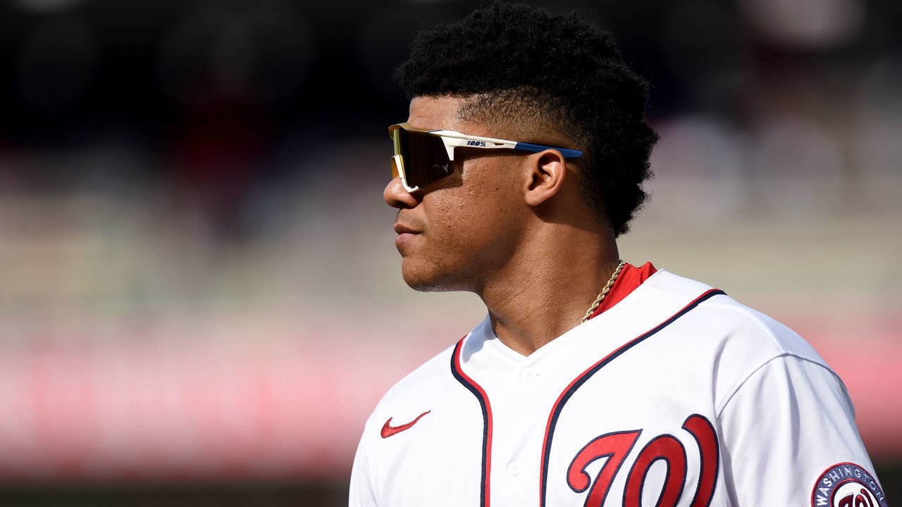 WASHINGTON, DC - OCTOBER 03: Juan Soto #22 of the Washington Nationals warms up before the game against the Boston Red Sox at Nationals Park on October 03, 2021 in Washington, DC.