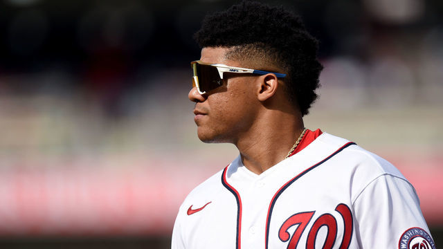 WASHINGTON, DC - OCTOBER 03: Juan Soto #22 of the Washington Nationals warms up before the game against the Boston Red Sox at Nationals Park on October 03, 2021 in Washington, DC.