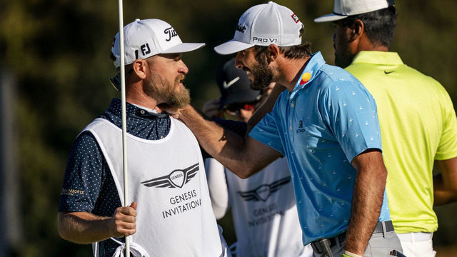 PACIFIC PALISADES, CA - FEBRUARY 21, 2021: Max Homa reacts with his caddy after beating Tony Finau, right, on the second playoff hole to win the Genesis Invitational at Riviera Country Club on February 21, 2021 in Pacific Palisades, California.(Gina Ferazzi / Los Angeles Times via Getty Images)