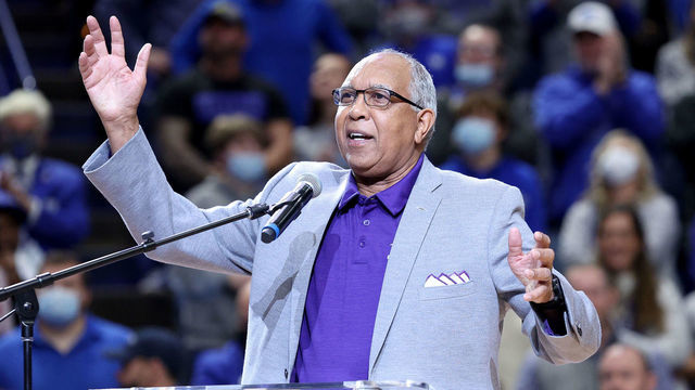 LEXINGTON, KENTUCKY - DECEMBER 31: Tubby Smith the former head coach of the Kentucky Wildcats and present head coach of the High Point Panthers had a jersey retired in his honor before the game at Rupp Arena on December 31, 2021 in Lexington, Kentucky.