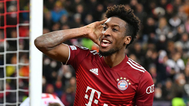Bayern Munich's French forward Kingsley Coman celebrates scoring the 1-1 goal during the UEFA Champions League last-16, first-leg football match RB Salzburg v FC Bayern Munich in Salzburg, Austria on February 16, 2022.