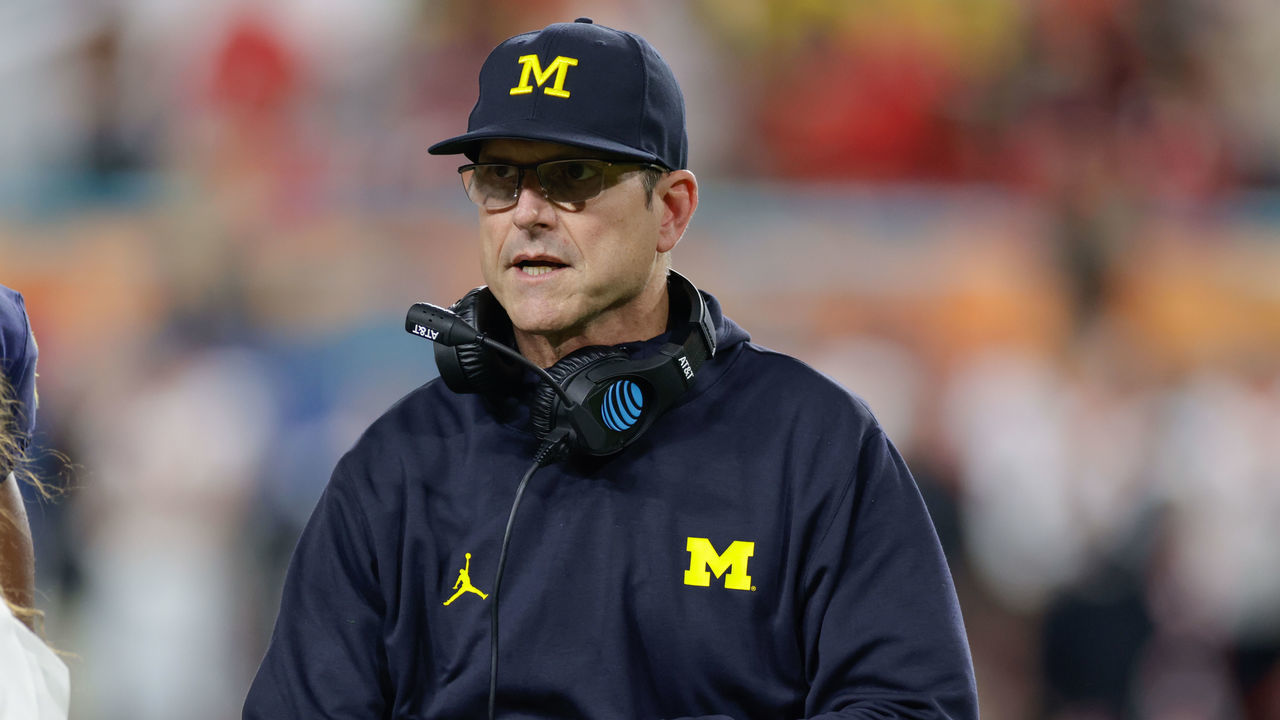 MIAMI GARDENS, FL - DECEMBER 31: Michigan Wolverines head coach Jim Harbaugh during the Capital One Orange Bowl game between the Georgia Bulldogs and the Michigan Wolverines on December 31, 2021 at Hard Rock Stadium in Miami Gardens, Fl.