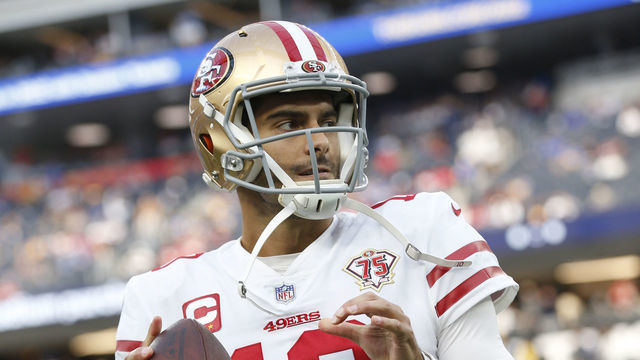 INGLEWOOD, CA - JANUARY 30: Jimmy Garoppolo #10 of the San Francisco 49ers on the field before the game against the Los Angeles Rams at SoFi Stadium on January 30, 2022 in Inglewood, California. The Rams defeated the 49ers 20-17.