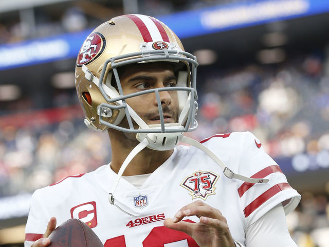INGLEWOOD, CA - JANUARY 30: Jimmy Garoppolo #10 of the San Francisco 49ers on the field before the game against the Los Angeles Rams at SoFi Stadium on January 30, 2022 in Inglewood, California. The Rams defeated the 49ers 20-17.