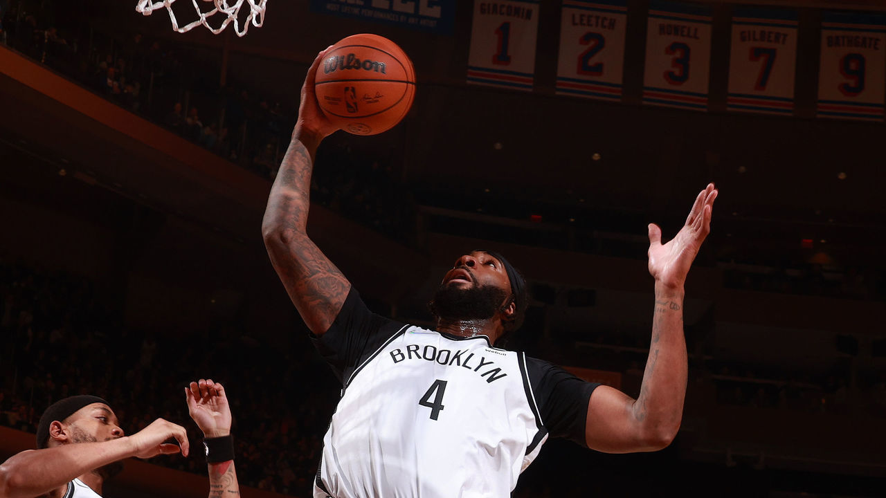 NEW YORK, NY - FEBRUARY 16: Andre Drummond #4 of the Brooklyn Nets rebounds the ball during the game against the New York Knicks on February 16, 2022 at Madison Square Garden in New York City, New York. Mandatory Copyright Notice: Copyright 2022 NBAE